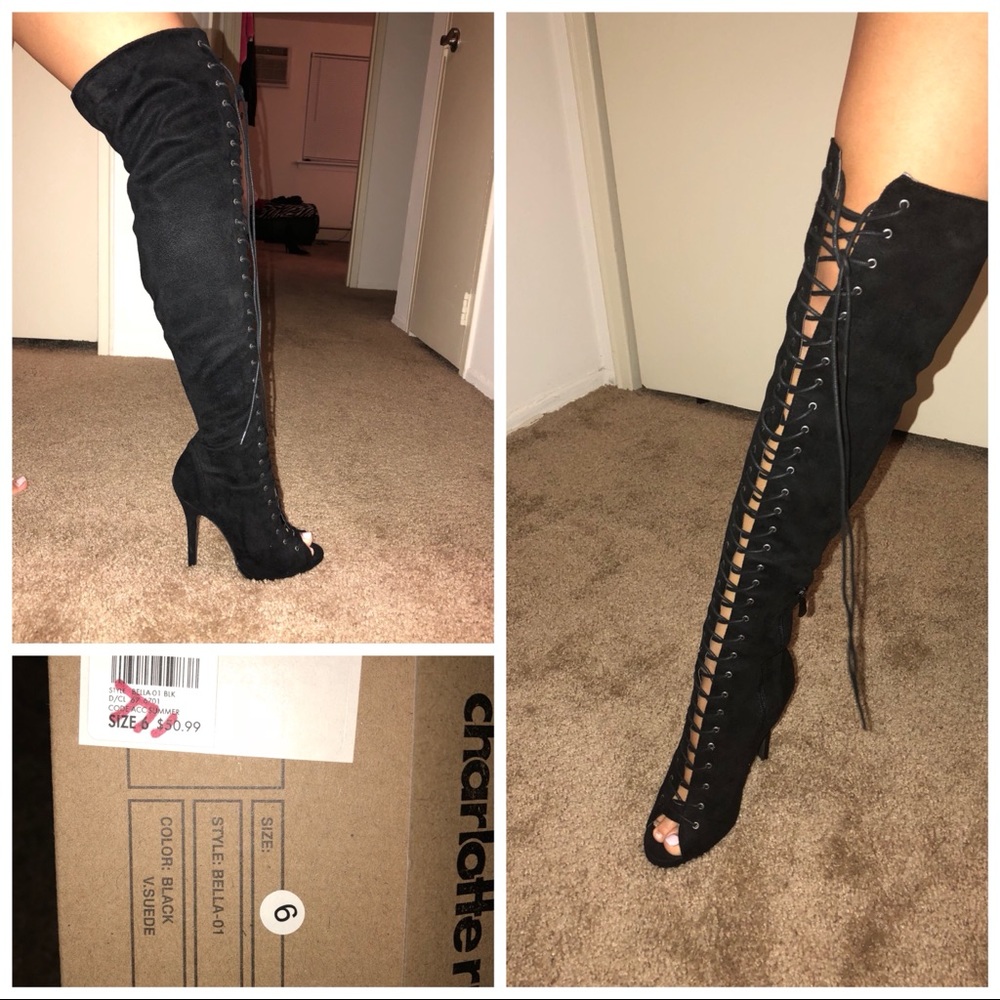 Black Thigh High Open Toe Lace Up Boots
